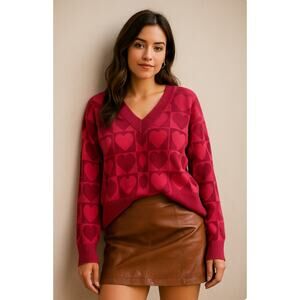 Anthropologie English Factory XL Red Pink Checkered Hearts V Neck Sweater